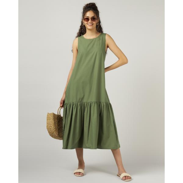 Green Sleeveless Maxi Dress with Flowy Gathered Hem